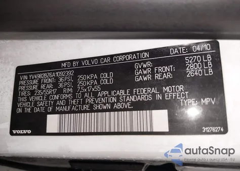 2010 Volvo Xc70 3.2 из США, поврежденный, VIN YV4982BZ6A1092392